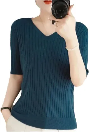Women Sweater Short Sleeve V-Neck Stripe Slim Fit Korean Fashion Pullovers Thin Knit Bottoming Shirts