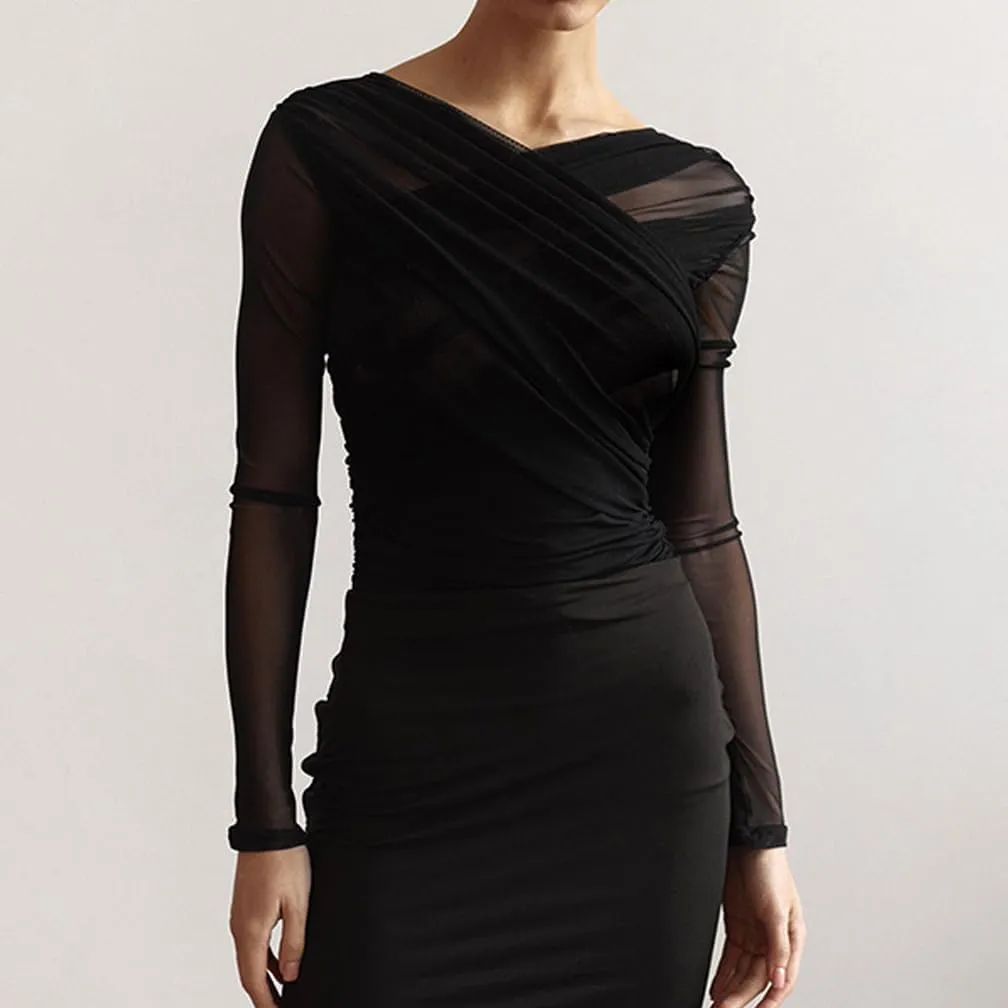 Women Trendy V Neck Sheer Mesh Ruched Crop T Shirt Slim Fit Solid Long Sleeve See Through Pleated Top Y2k Outfits