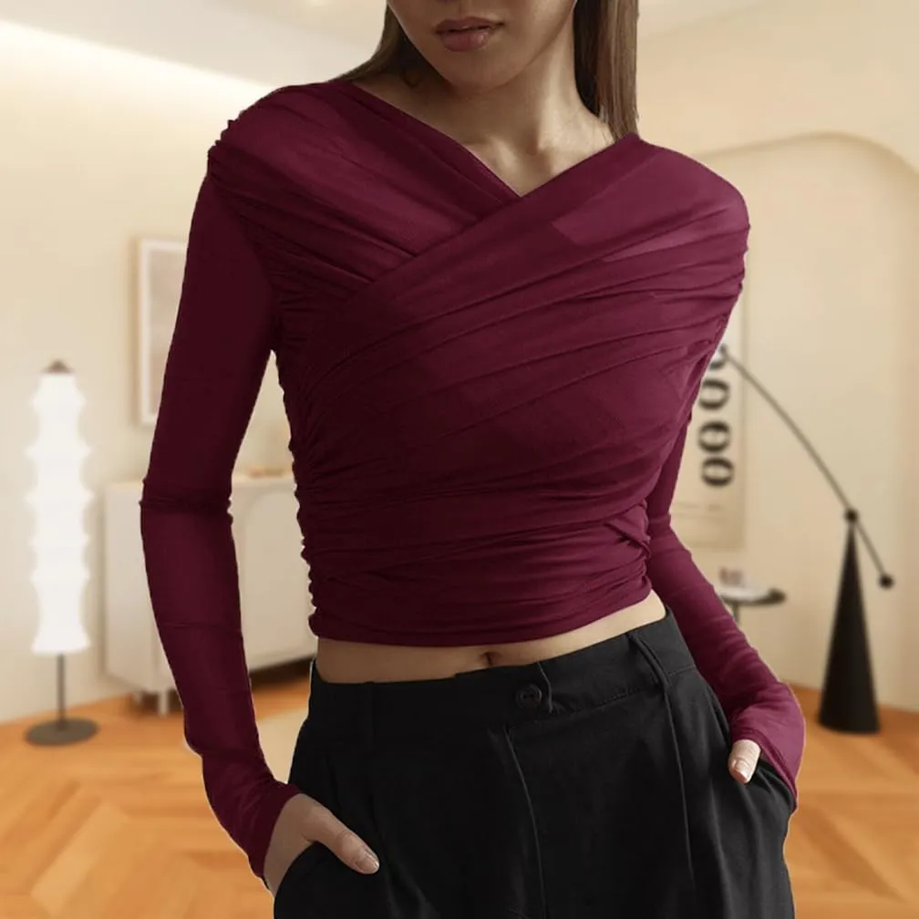 Women Trendy V Neck Sheer Mesh Ruched Crop T Shirt Slim Fit Solid Long Sleeve See Through Pleated Top Y2k Outfits
