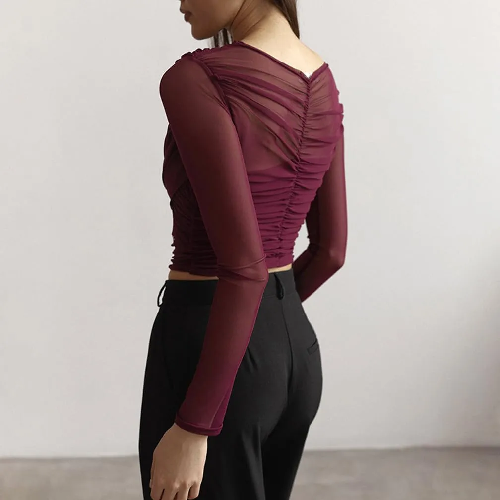 Women Trendy V Neck Sheer Mesh Ruched Crop T Shirt Slim Fit Solid Long Sleeve See Through Pleated Top Y2k Outfits