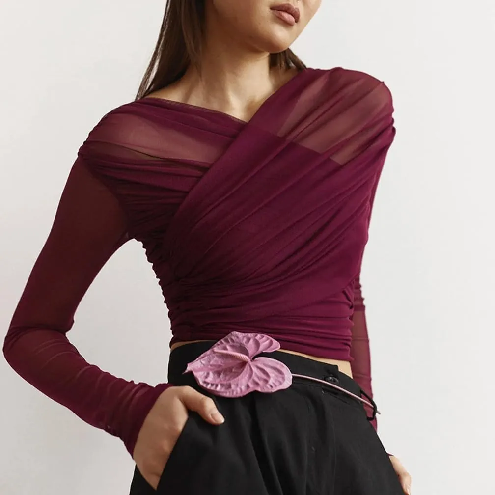 Women Trendy V Neck Sheer Mesh Ruched Crop T Shirt Slim Fit Solid Long Sleeve See Through Pleated Top Y2k Outfits