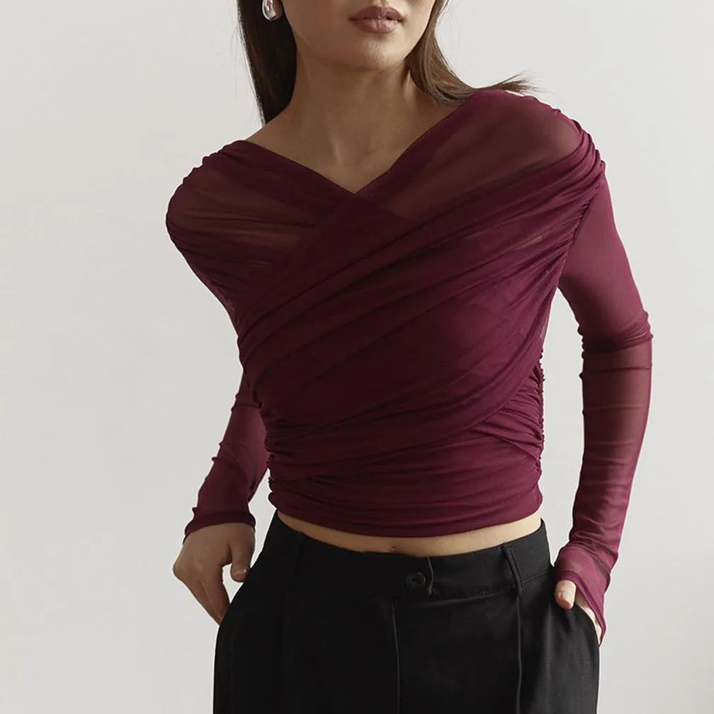 Women Trendy V Neck Sheer Mesh Ruched Crop T Shirt Slim Fit Solid Long Sleeve See Through Pleated Top Y2k Outfits