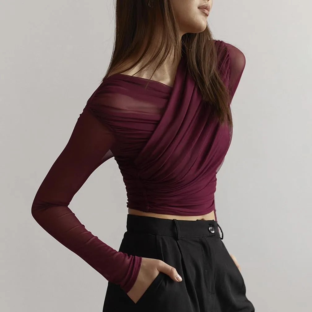 Women Trendy V Neck Sheer Mesh Ruched Crop T Shirt Slim Fit Solid Long Sleeve See Through Pleated Top Y2k Outfits