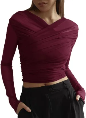 Women Trendy V Neck Sheer Mesh Ruched Crop T Shirt Slim Fit Solid Long Sleeve See Through Pleated Top Y2k Outfits