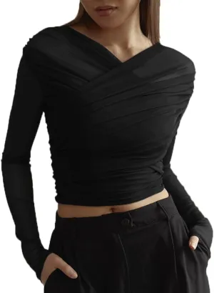 Women Trendy V Neck Sheer Mesh Ruched Crop T Shirt Slim Fit Solid Long Sleeve See Through Pleated Top Y2k Outfits