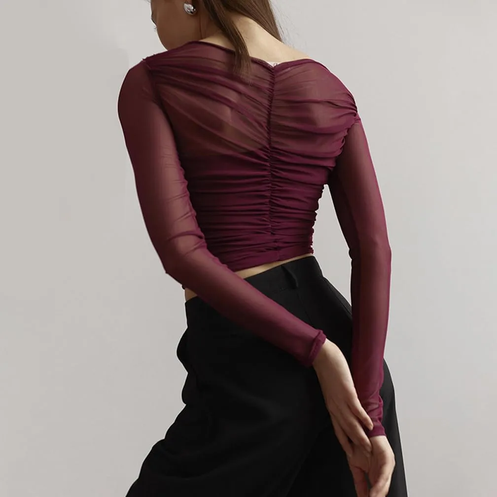 Women Trendy V Neck Sheer Mesh Ruched Crop T Shirt Slim Fit Solid Long Sleeve See Through Pleated Top Y2k Outfits