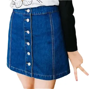 Women Vintage A-Line Pencil Jeans Skirt Front Button High Waist Denim Skirt