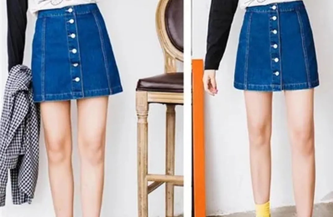 Women Vintage A-Line Pencil Jeans Skirt Front Button High Waist Denim Skirt