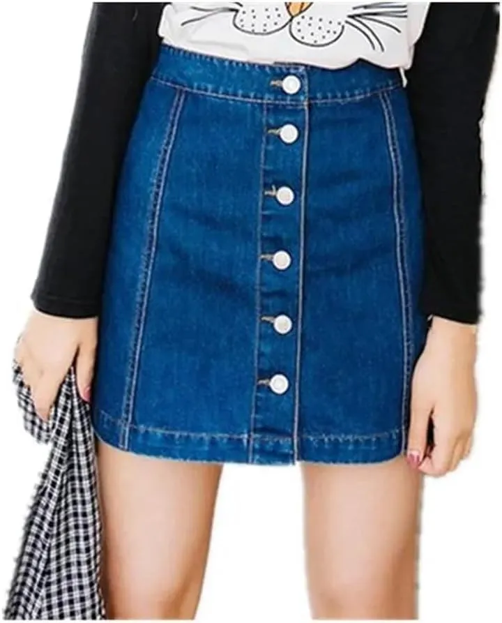 Women Vintage A-Line Pencil Jeans Skirt Front Button High Waist Denim Skirt