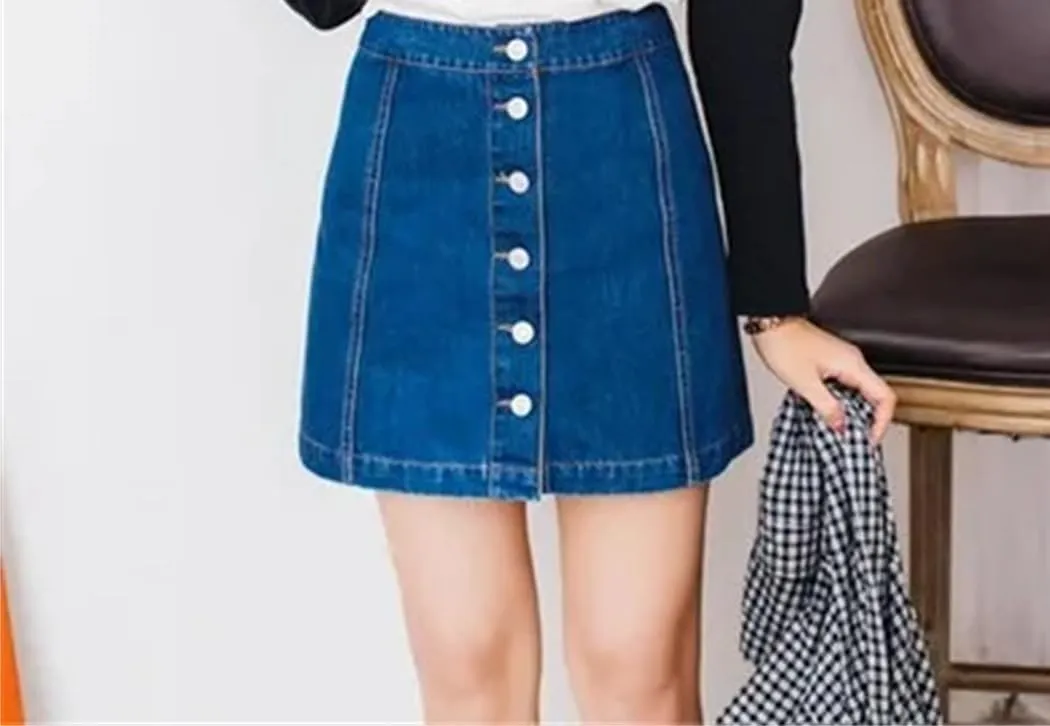 Women Vintage A-Line Pencil Jeans Skirt Front Button High Waist Denim Skirt