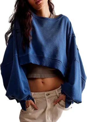 Women Y2K Cropped Sweatshirt Long Sleeve Scoop Neck Preppy Sweatshirts Going Out Oversized Pullover Top