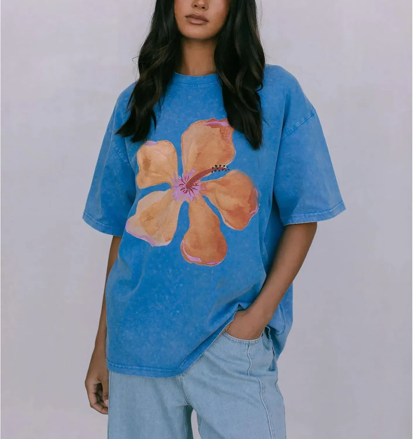 Women Y2k Floral Graphic Print Oversized Tshirts Cute Flower Aesthetic Baggy Tees Top Summer Teen Girl Coastal Clothes