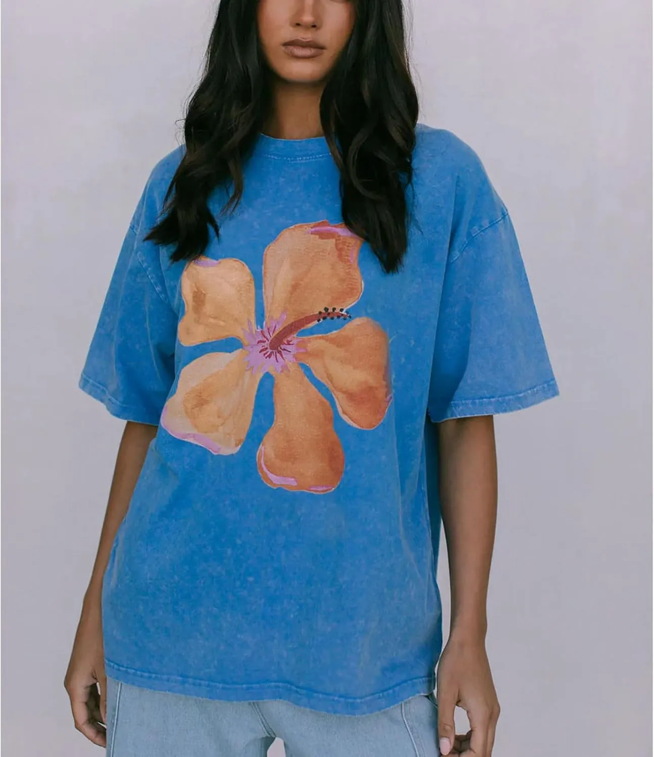 Women Y2k Floral Graphic Print Oversized Tshirts Cute Flower Aesthetic Baggy Tees Top Summer Teen Girl Coastal Clothes