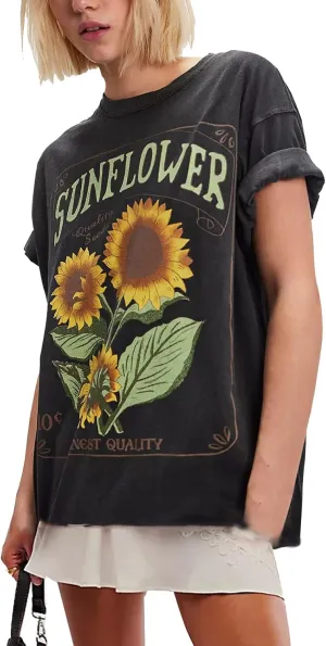 Women Y2k Floral Graphic Print Oversized Tshirts Cute Flower Aesthetic Baggy Tees Top Summer Teen Girl Coastal Clothes