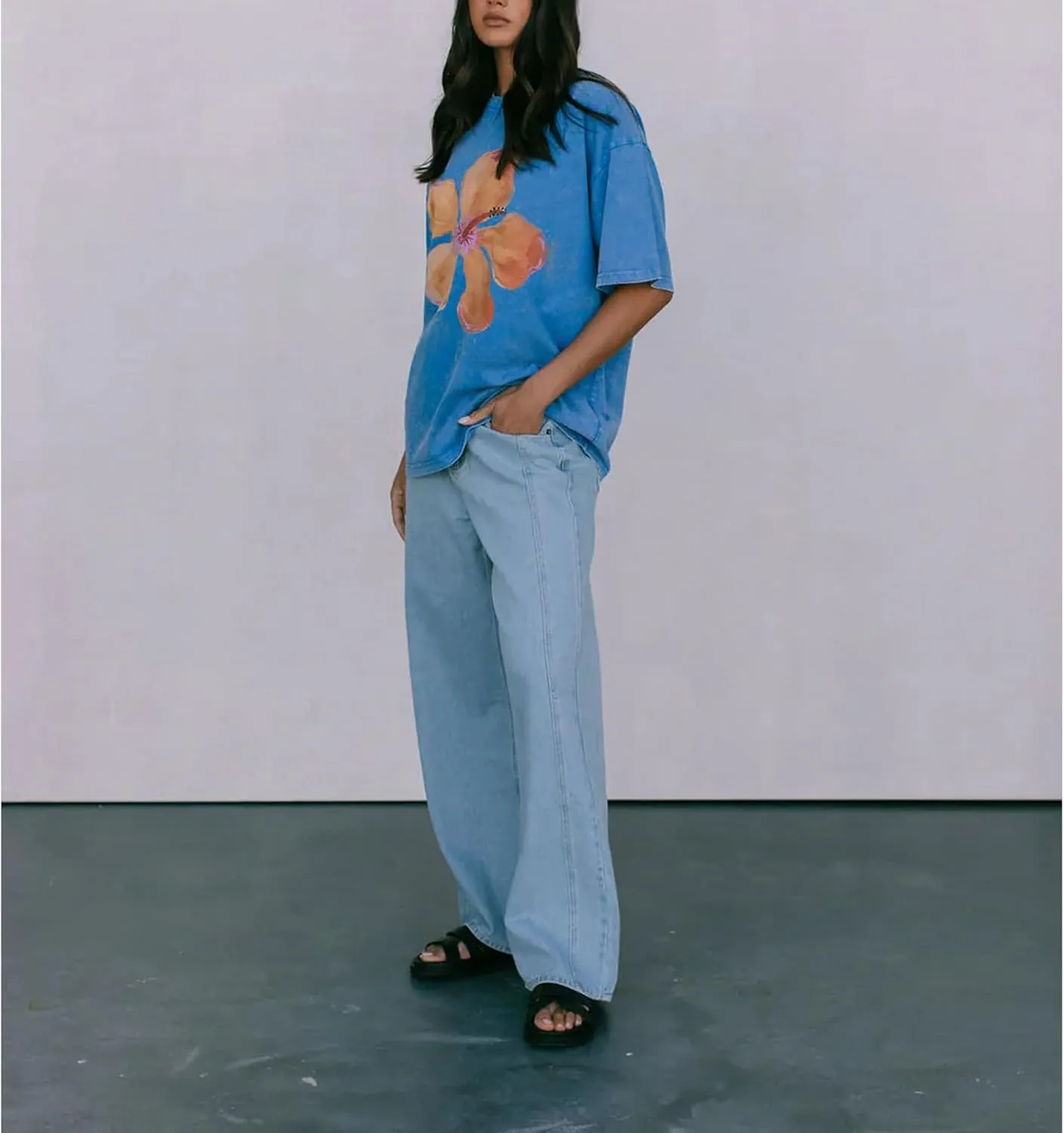 Women Y2k Floral Graphic Print Oversized Tshirts Cute Flower Aesthetic Baggy Tees Top Summer Teen Girl Coastal Clothes