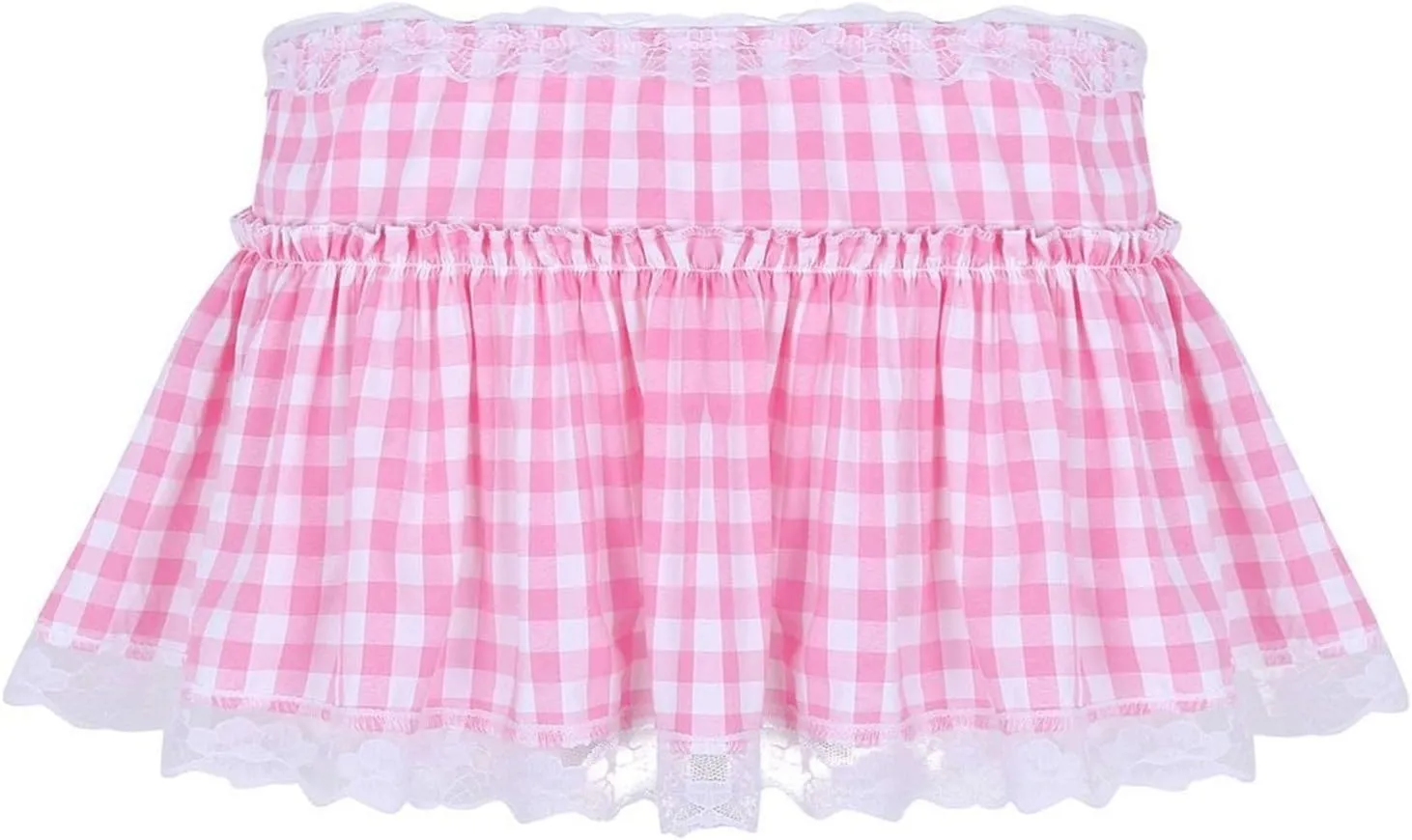 Women Y2K Gingham Mini Skirt Elastic Waist Lace Trim Pleated Short Skirt Cosplay Plaid Lingerie Dress Party Clubwear