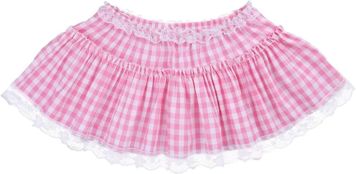 Women Y2K Gingham Mini Skirt Elastic Waist Lace Trim Pleated Short Skirt Cosplay Plaid Lingerie Dress Party Clubwear