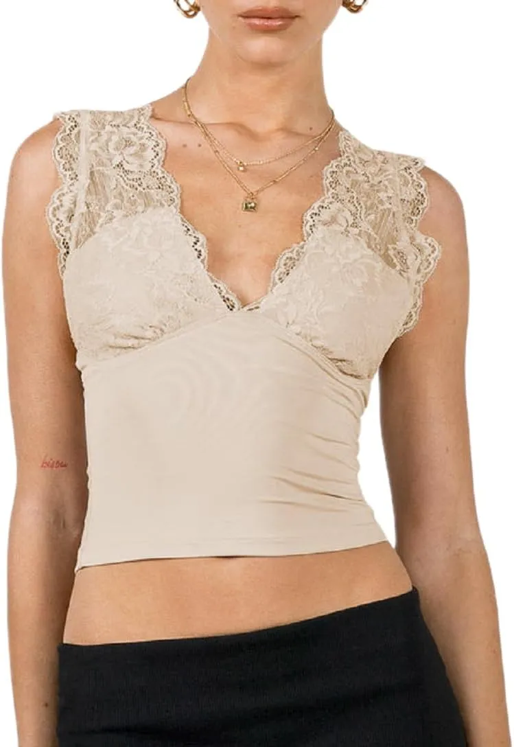 Women Y2k Lace Sleeveless Tank Top Sexy V Neck Slim Fit Crop Tops Backless Summer Going Out Cami Crop Top