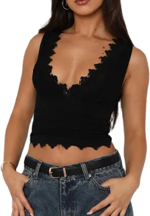 Women Y2k Lace Sleeveless Tank Top Sexy V Neck Slim Fit Crop Tops Backless Summer Going Out Cami Crop Top