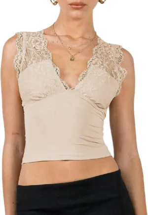 Women Y2k Lace Sleeveless Tank Top Sexy V Neck Slim Fit Crop Tops Backless Summer Going Out Cami Crop Top