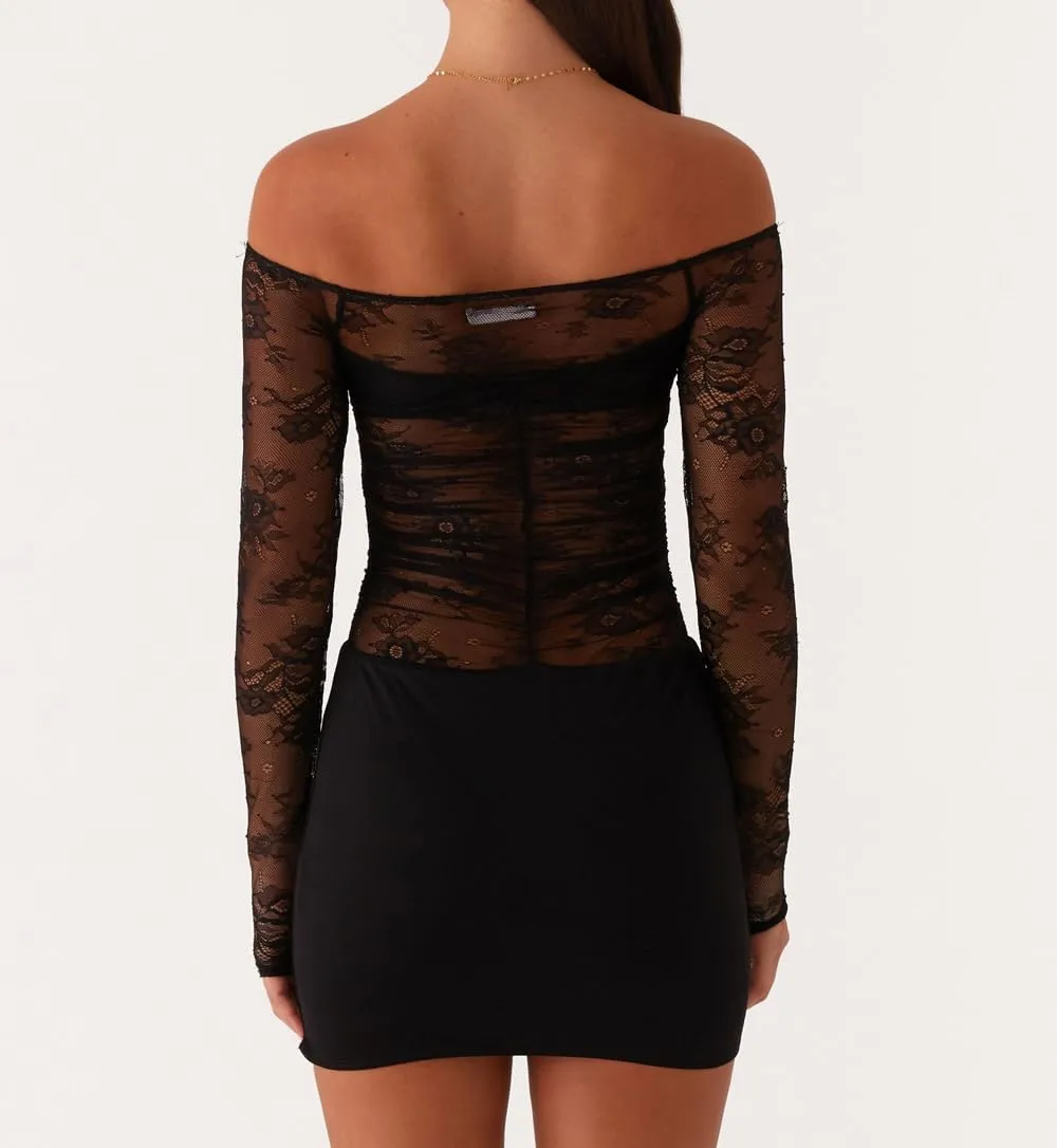 Women Y2K Off Shoulder Lace Mini Dress Sexy Long Sleeve Sheer Patchwork Bodycon Party Club Dress Evening Cocktail