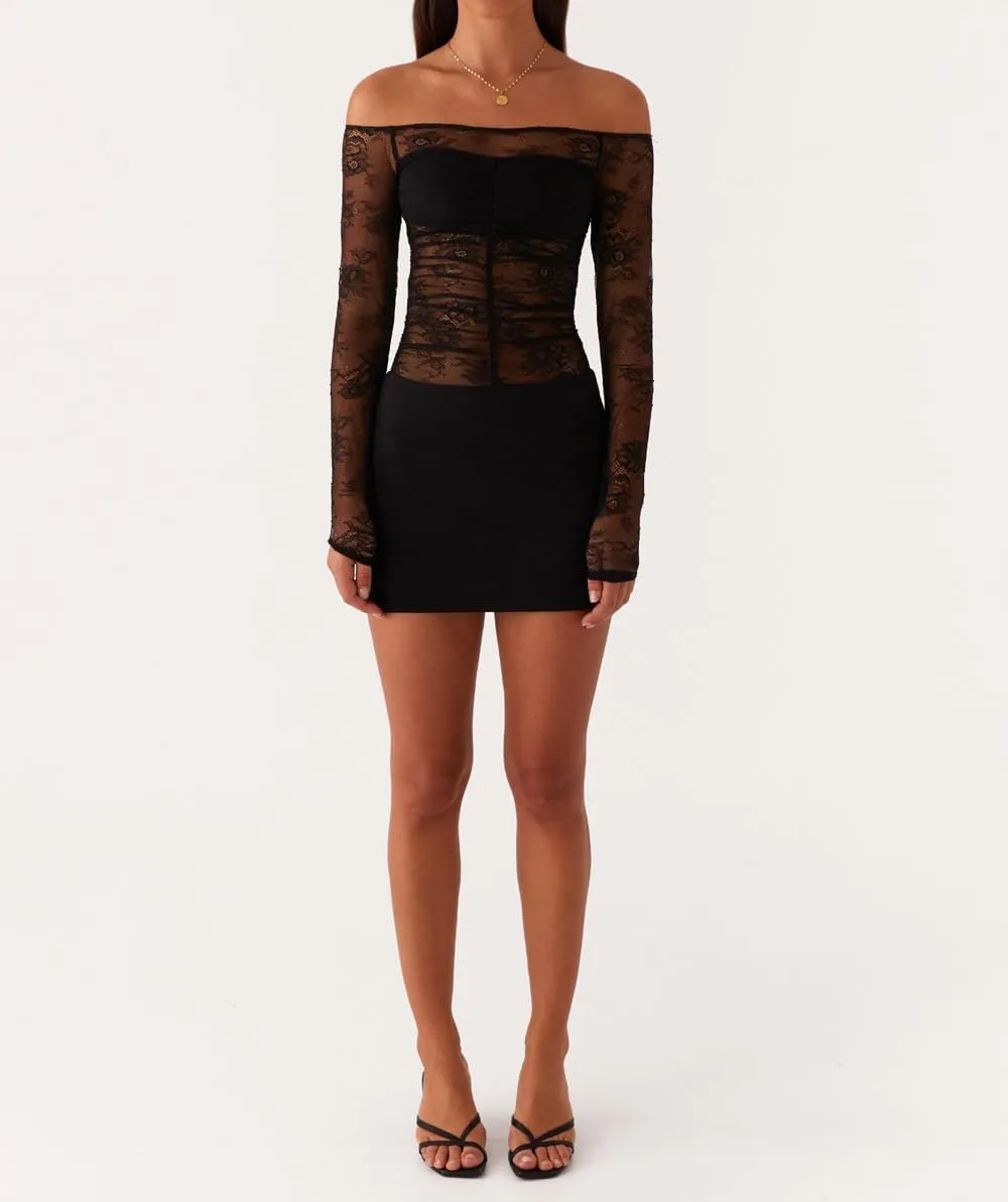 Women Y2K Off Shoulder Lace Mini Dress Sexy Long Sleeve Sheer Patchwork Bodycon Party Club Dress Evening Cocktail