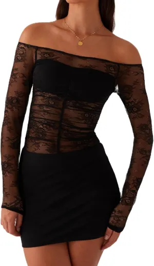 Women Y2K Off Shoulder Lace Mini Dress Sexy Long Sleeve Sheer Patchwork Bodycon Party Club Dress Evening Cocktail