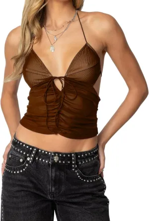 Women Y2k Tie Up Crop Top Sleeveless V Neck Ruched See Through Tanks Mesh Sheer Backless Slim Fit Halter Top