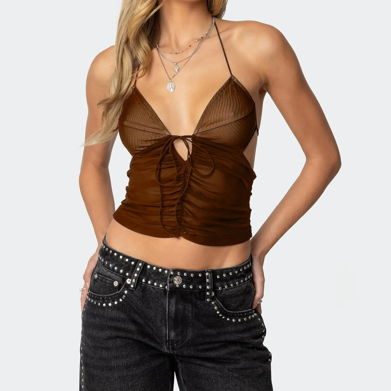 Women Y2k Tie Up Crop Top Sleeveless V Neck Ruched See Through Tanks Mesh Sheer Backless Slim Fit Halter Top