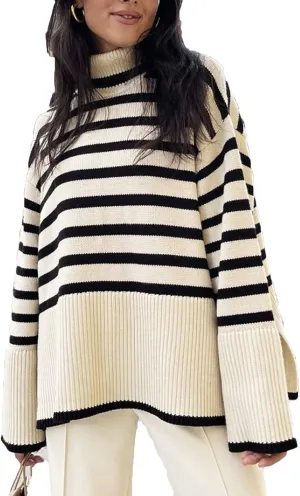 Women Y2K Turtleneck Striped Oversized Sweater Long Sleeve Color Block Poncho Sweater Fall Winter Pullover Jumper Tops