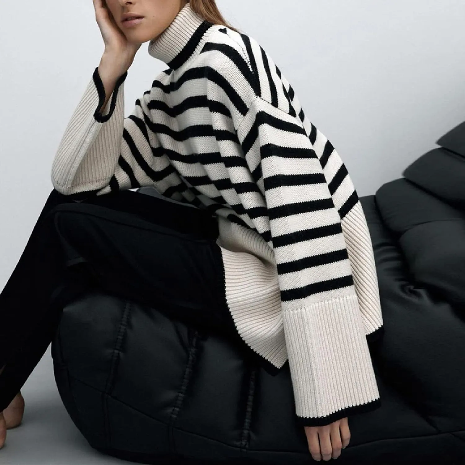 Women Y2K Turtleneck Striped Oversized Sweater Long Sleeve Color Block Poncho Sweater Fall Winter Pullover Jumper Tops