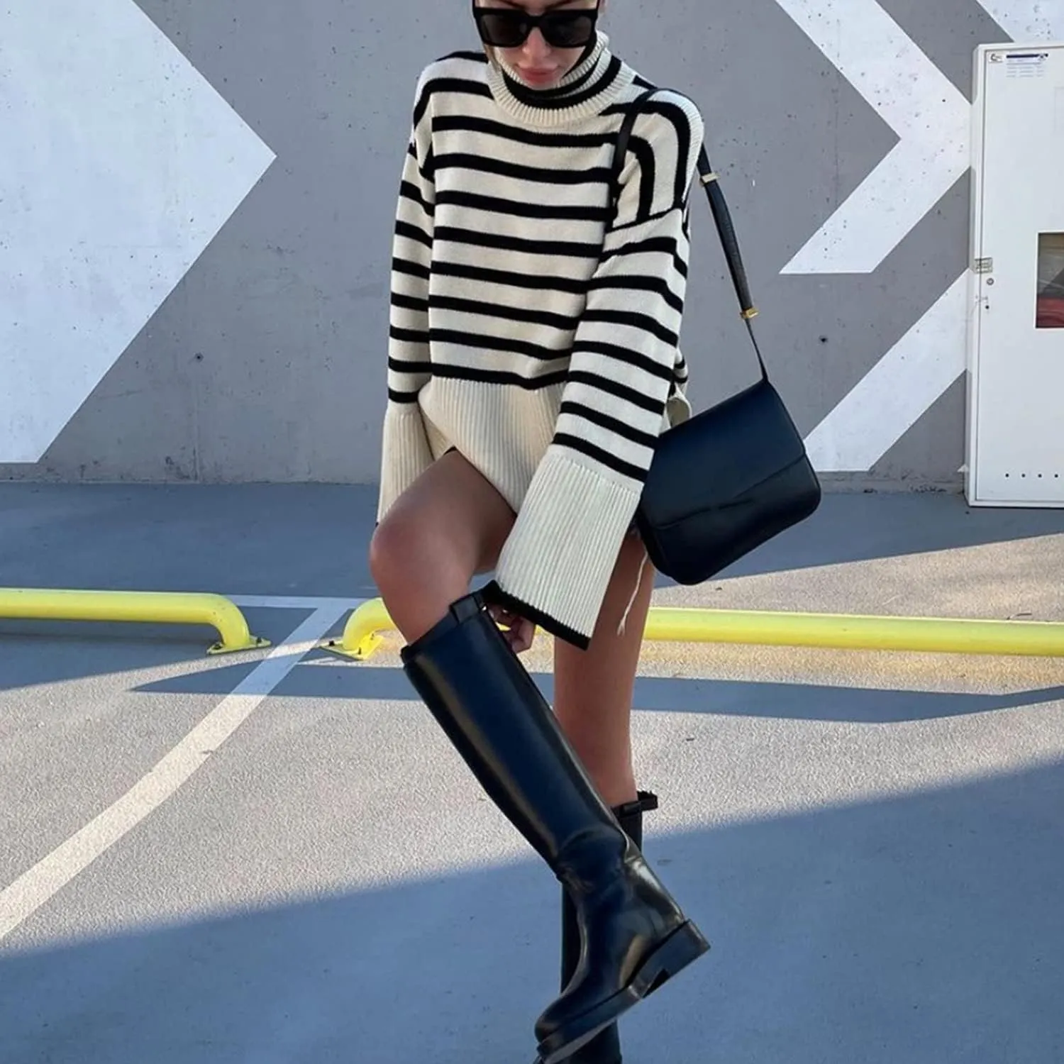 Women Y2K Turtleneck Striped Oversized Sweater Long Sleeve Color Block Poncho Sweater Fall Winter Pullover Jumper Tops