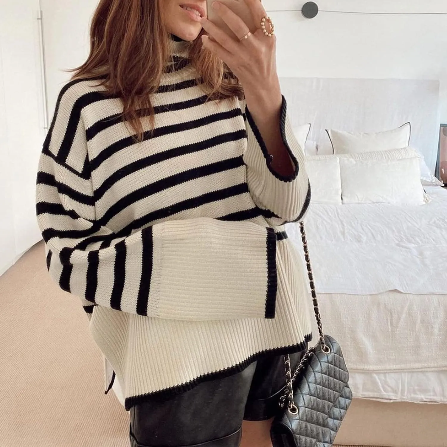 Women Y2K Turtleneck Striped Oversized Sweater Long Sleeve Color Block Poncho Sweater Fall Winter Pullover Jumper Tops