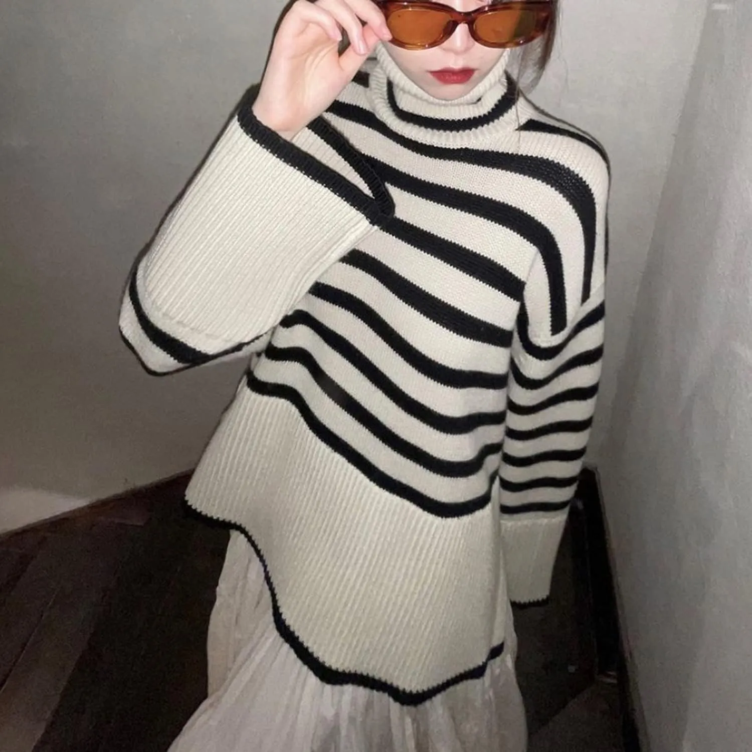 Women Y2K Turtleneck Striped Oversized Sweater Long Sleeve Color Block Poncho Sweater Fall Winter Pullover Jumper Tops