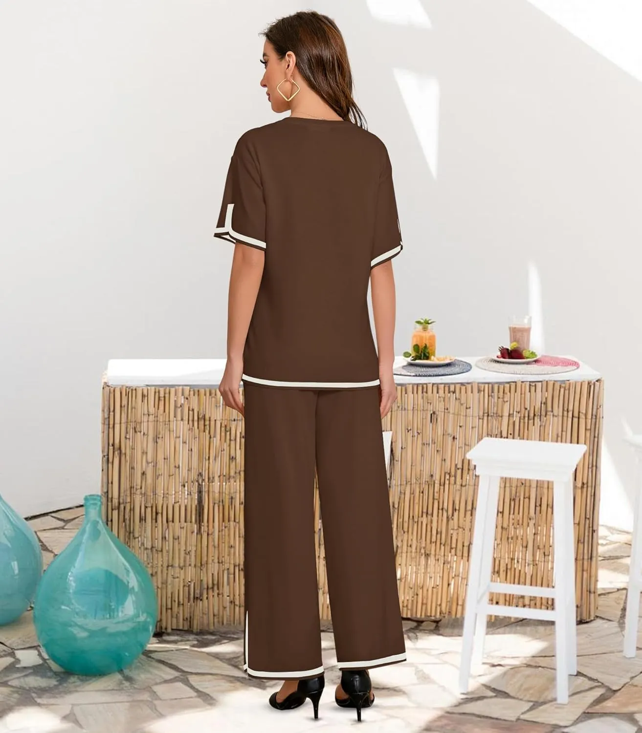 Women's 2 Piece Outfits Short Sleeve Knit Pullover Tops High Waist Wide Leg Pants Lounge Sets with Pocket