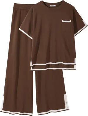 Women's 2 Piece Outfits Short Sleeve Knit Pullover Tops High Waist Wide Leg Pants Lounge Sets with Pocket