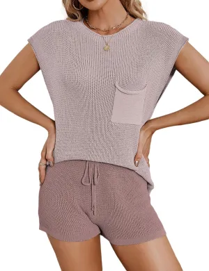 Women's 2 Pieces Outfits Knit Sweater Sets Solid Pullover Top and Elastic Waist Short Pants Cozy Cap Sleeve Lounge Set