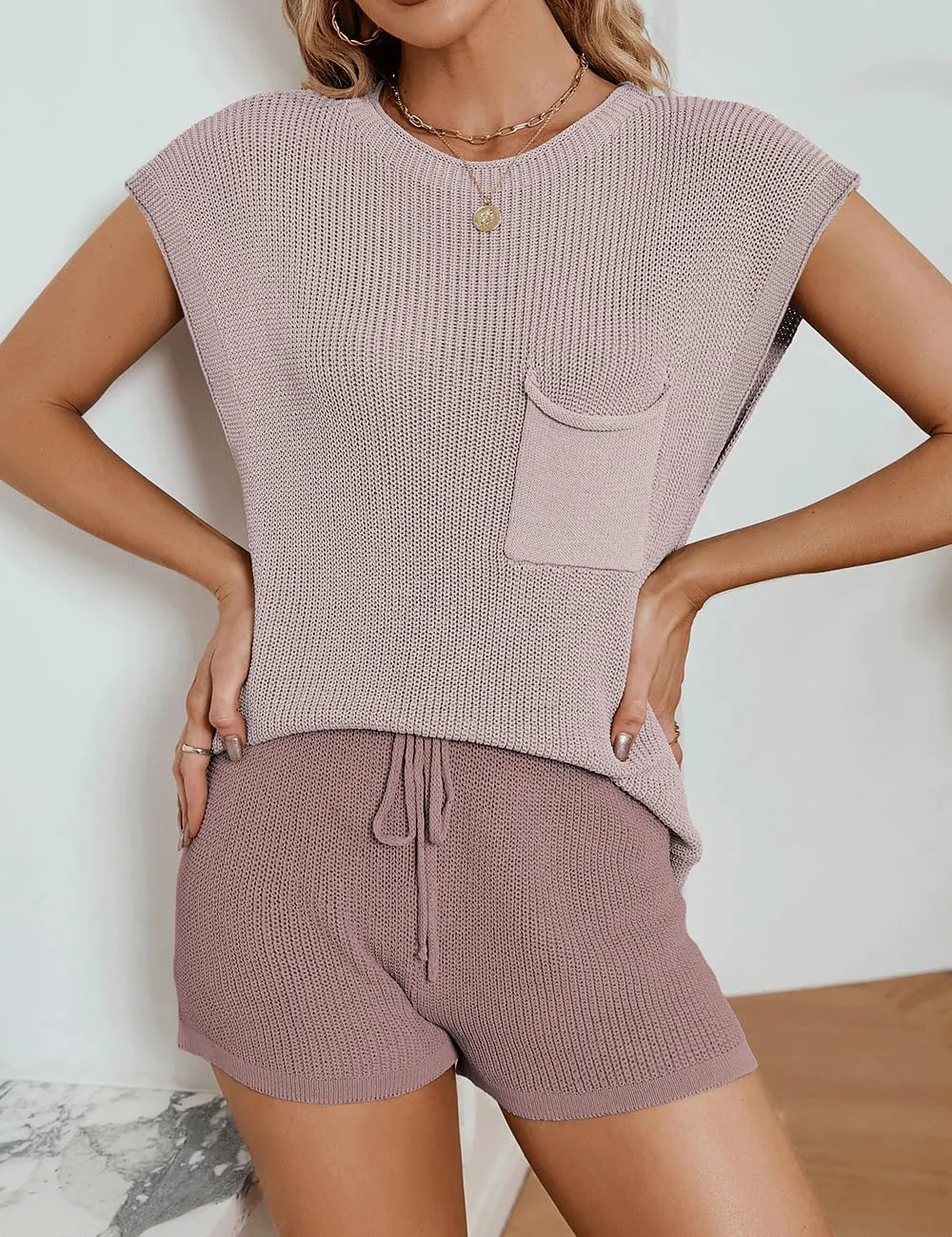 Women's 2 Pieces Outfits Knit Sweater Sets Solid Pullover Top and Elastic Waist Short Pants Cozy Cap Sleeve Lounge Set