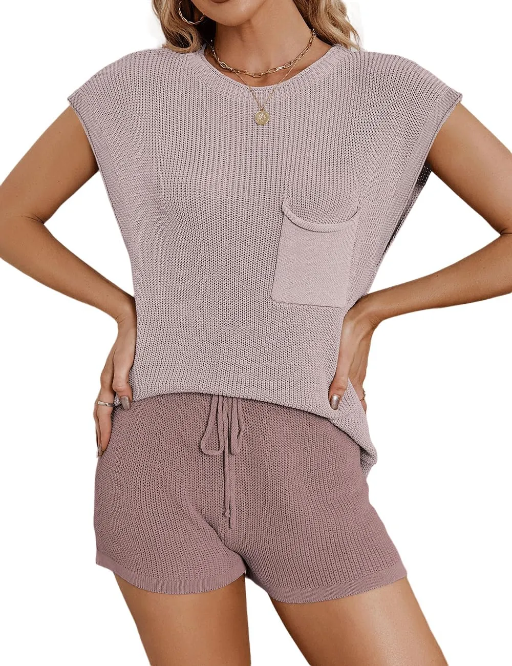 Women's 2 Pieces Outfits Knit Sweater Sets Solid Pullover Top and Elastic Waist Short Pants Cozy Cap Sleeve Lounge Set