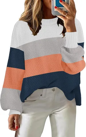 Women's 2024 Crewneck Long Sleeve Loose Oversized Chunky Knitted Pullover Sweater Jumper Tops