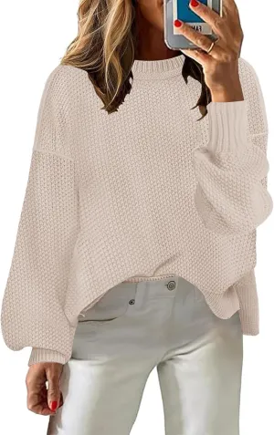Women's 2024 Crewneck Long Sleeve Loose Oversized Chunky Knitted Pullover Sweater Jumper Tops