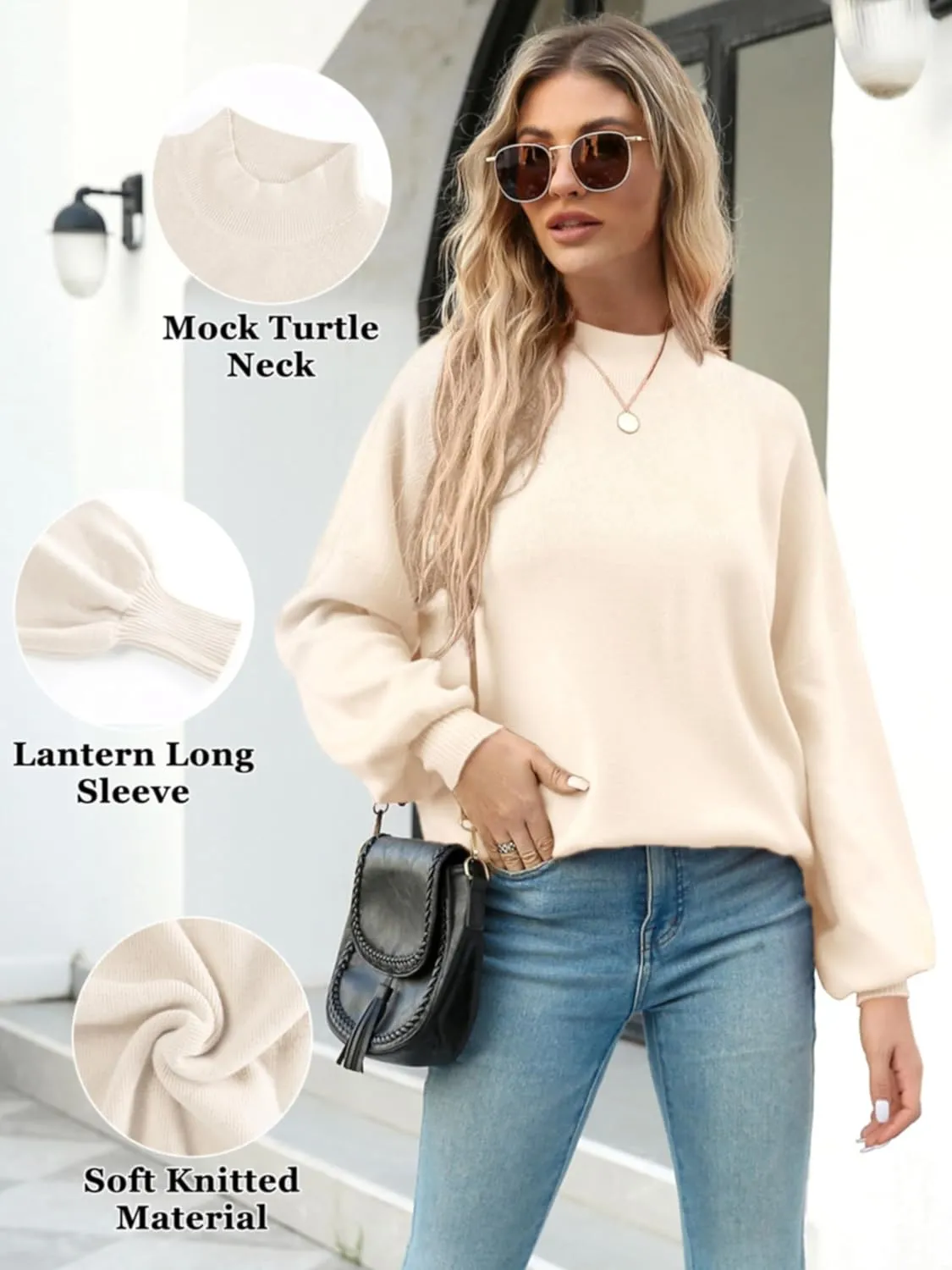 Women's 2024 Fall Fashion Mock Neck Long Lantern Sleeve Oversized Sweaters Loose Knit Pullover Sweater Tops