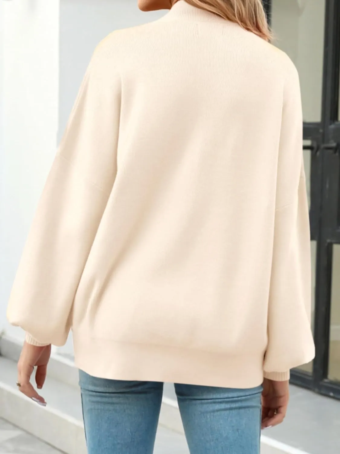 Women's 2024 Fall Fashion Mock Neck Long Lantern Sleeve Oversized Sweaters Loose Knit Pullover Sweater Tops