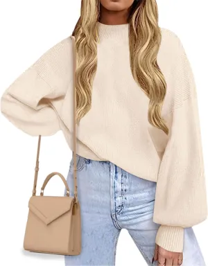 Women's 2024 Fall Fashion Mock Neck Long Lantern Sleeve Oversized Sweaters Loose Knit Pullover Sweater Tops
