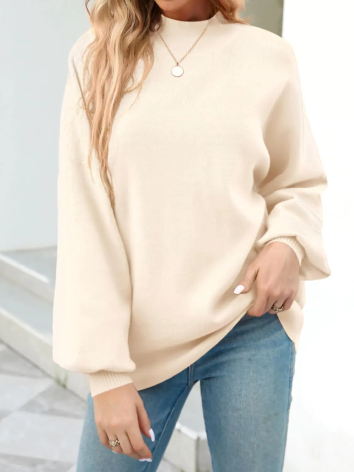 Women's 2024 Fall Fashion Mock Neck Long Lantern Sleeve Oversized Sweaters Loose Knit Pullover Sweater Tops
