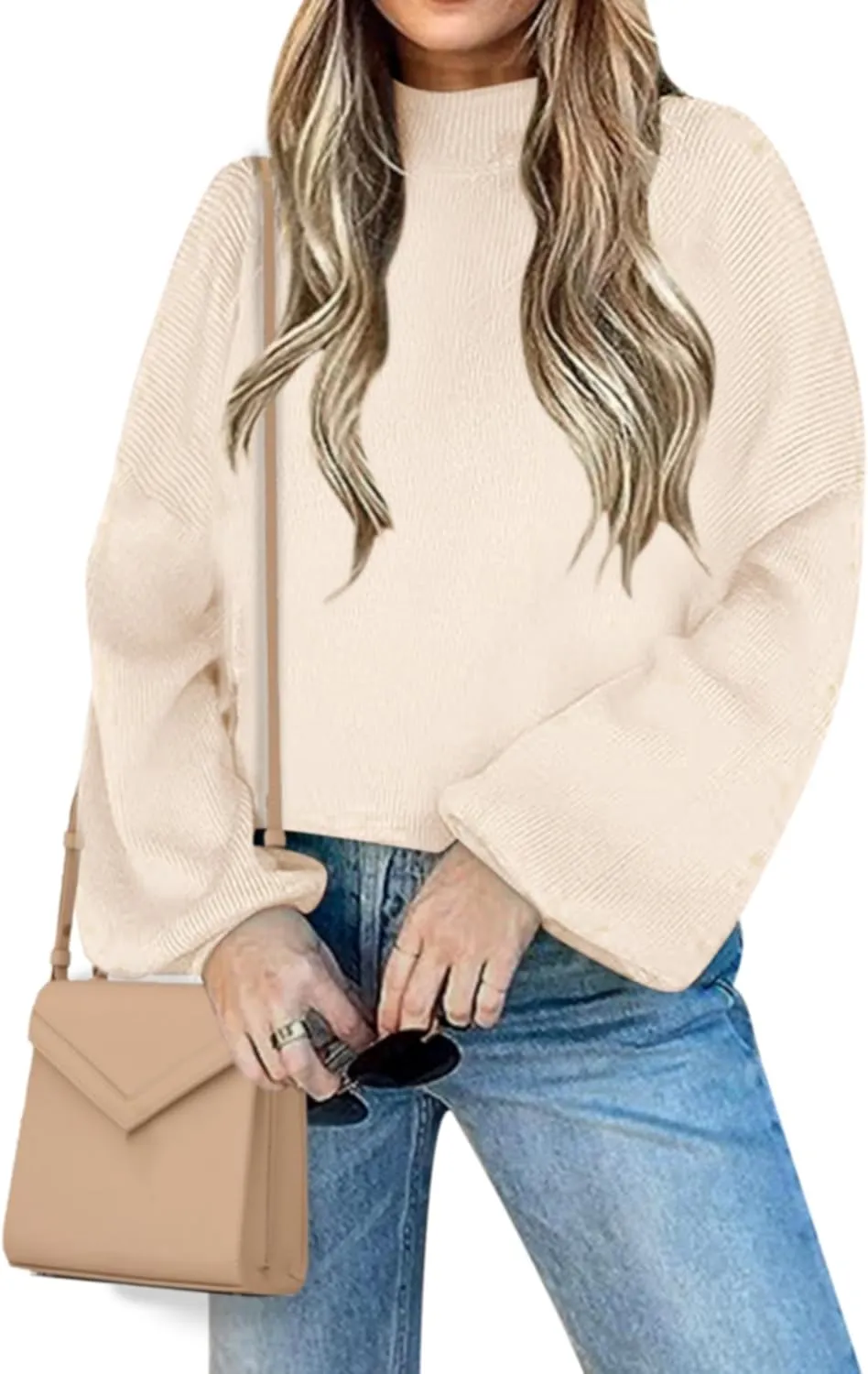 Women's 2024 Fall Fashion Mock Neck Long Lantern Sleeve Oversized Sweaters Loose Knit Pullover Sweater Tops