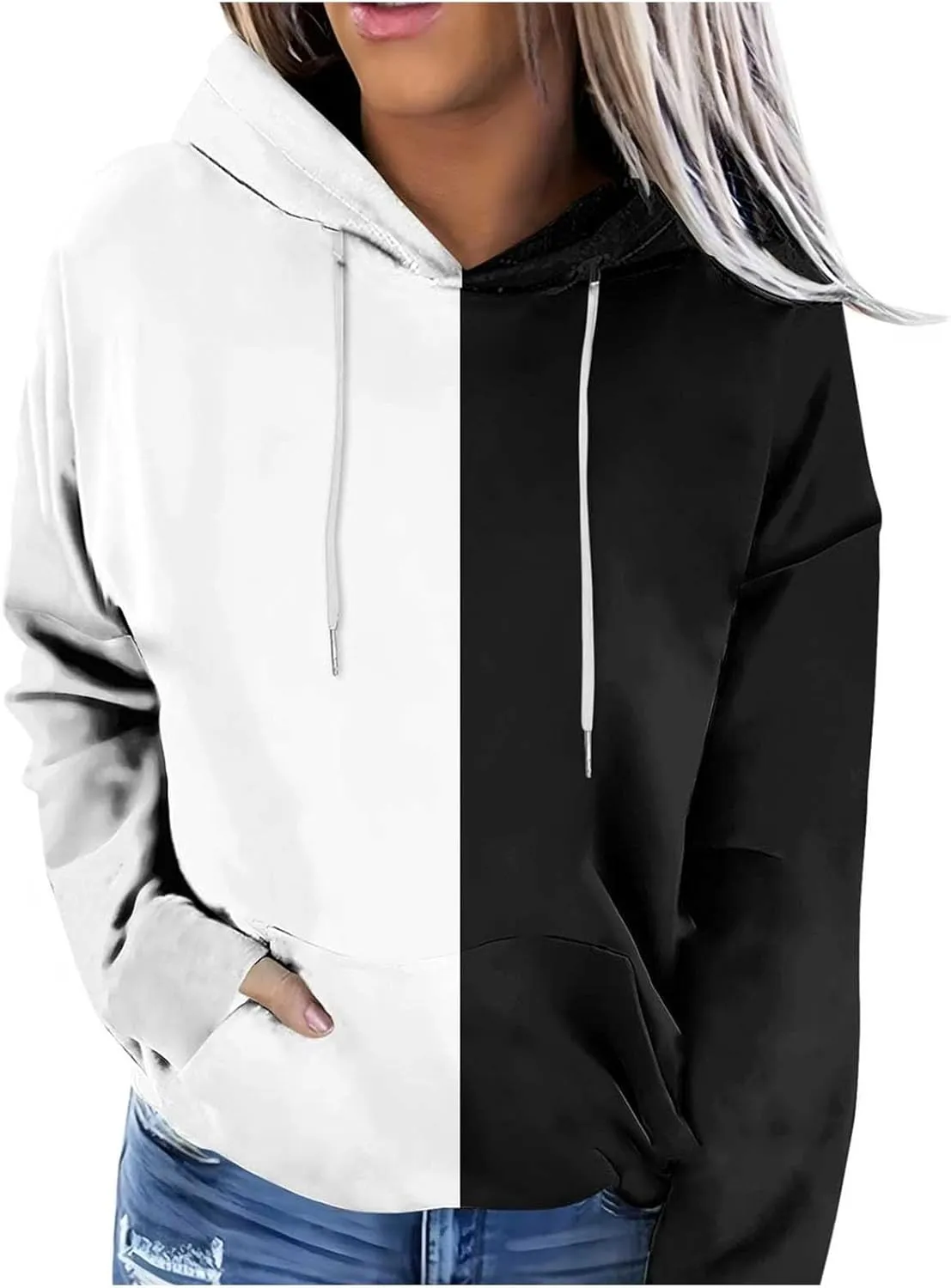 Womens 2024 Hooded Color Block Drawstring Hoodies Pullover Sweatshirts Casual Long Sleeve Tops Shirts Fall Winter