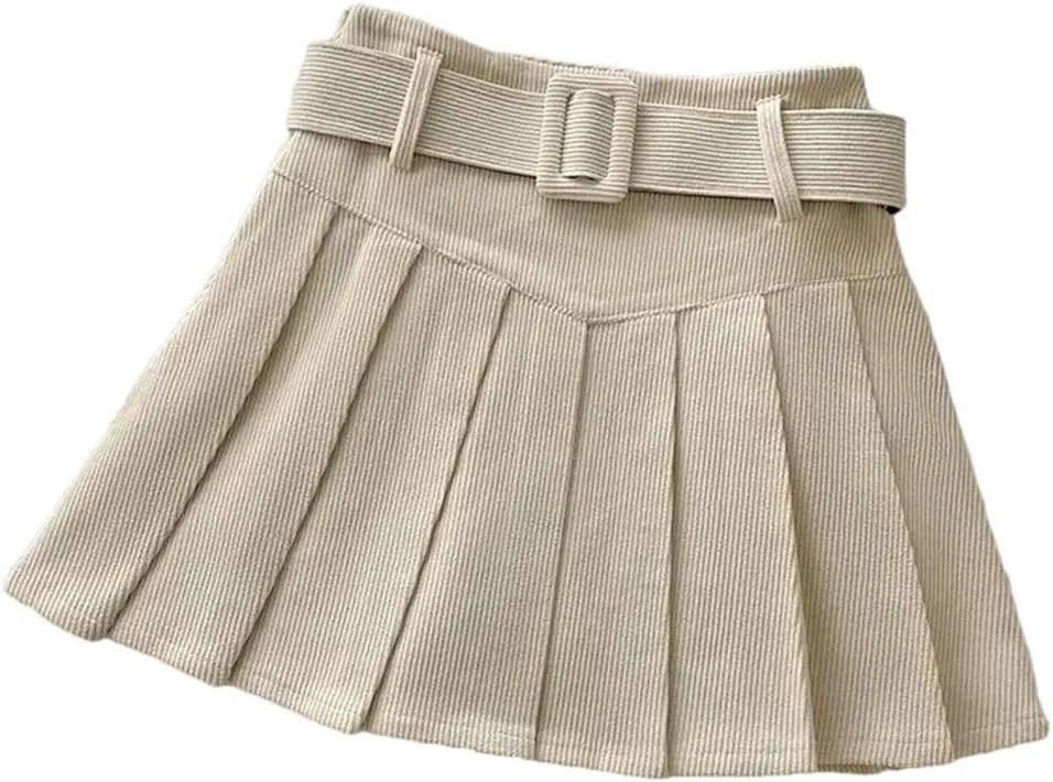 Womens Belted Pleated Skirt Corduroy Mini Skirt with Belt