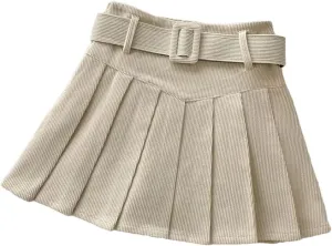 Womens Belted Pleated Skirt Corduroy Mini Skirt with Belt