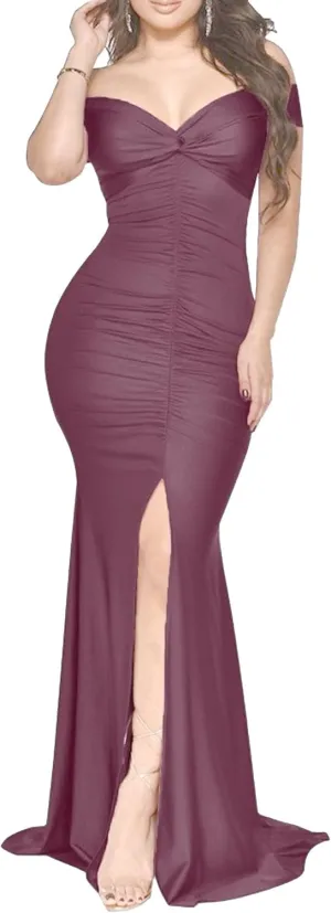 Women's Bodycon Ruched Elegant Formal Dress V Neck Sexy Slim Fit Prom Dress Split Hem Stylish Cocktail Dresses